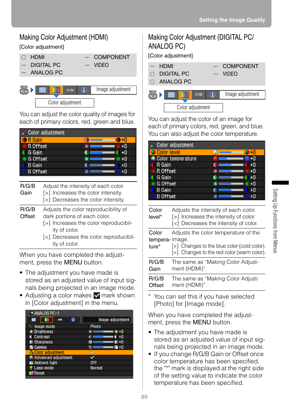 Making color adjustment (hdmi), Making color adjustment (digital pc/ analog pc), Making color adjustment (digital pc/analog pc) | Canon REALIS WUX10 MARK II D User Manual | Page 89 / 146