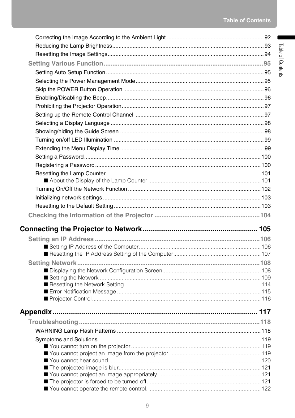 Connecting the projector to network, Appendix | Canon REALIS WUX10 MARK II D User Manual | Page 9 / 146