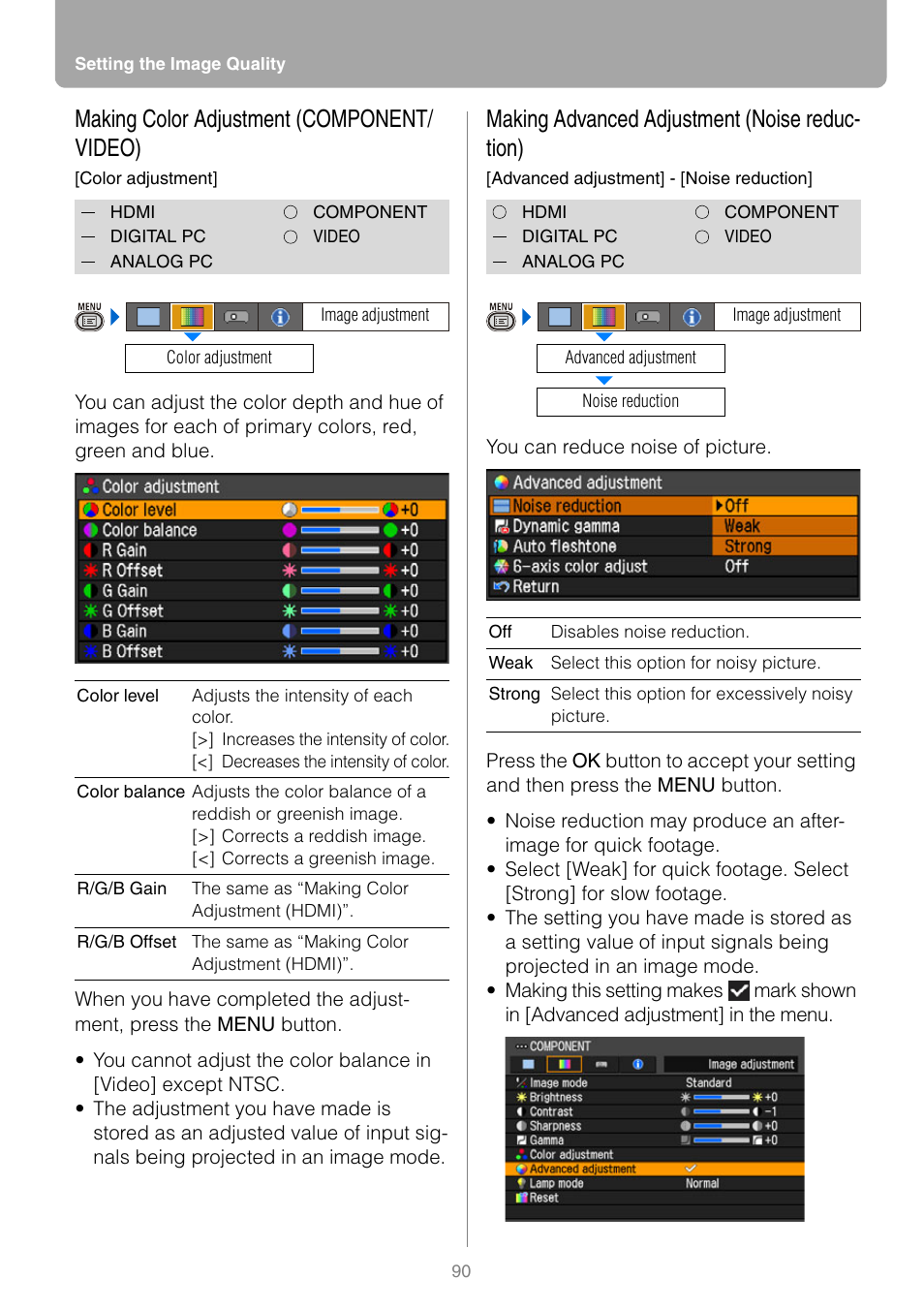 Making color adjustment (component/ video), Making advanced adjustment (noise reduction), Making color adjustment (component/video) | Making advanced adjustment (noise reduc- tion) | Canon REALIS WUX10 MARK II D User Manual | Page 90 / 146