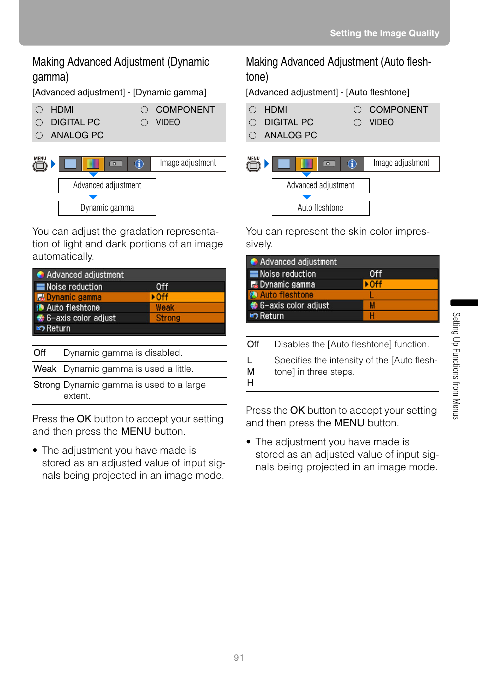 Making advanced adjustment (dynamic gamma), Making advanced adjustment (auto fleshtone), Making advanced adjustment (auto flesh- tone) | Canon REALIS WUX10 MARK II D User Manual | Page 91 / 146