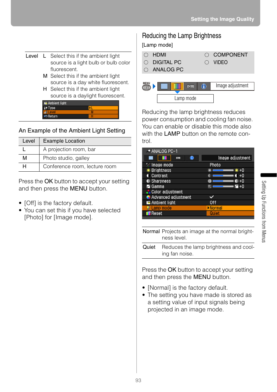 Reducing the lamp brightness | Canon REALIS WUX10 MARK II D User Manual | Page 93 / 146