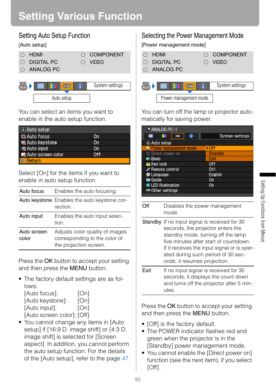 Setting various function, Setting auto setup function, Selecting the power management mode | Canon REALIS WUX10 MARK II D User Manual | Page 95 / 146