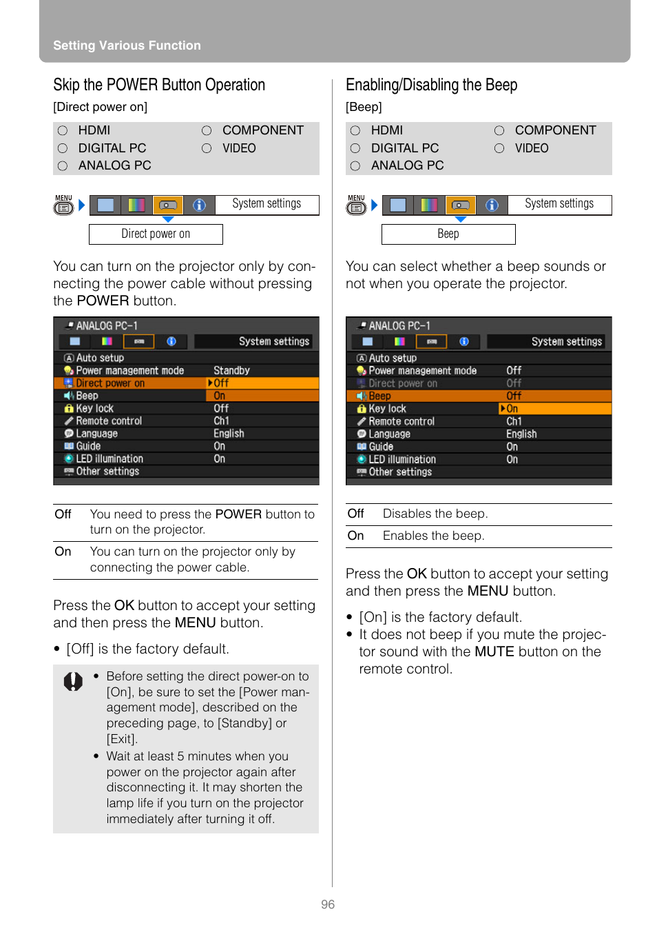 Skip the power button operation, Enabling/disabling the beep | Canon REALIS WUX10 MARK II D User Manual | Page 96 / 146