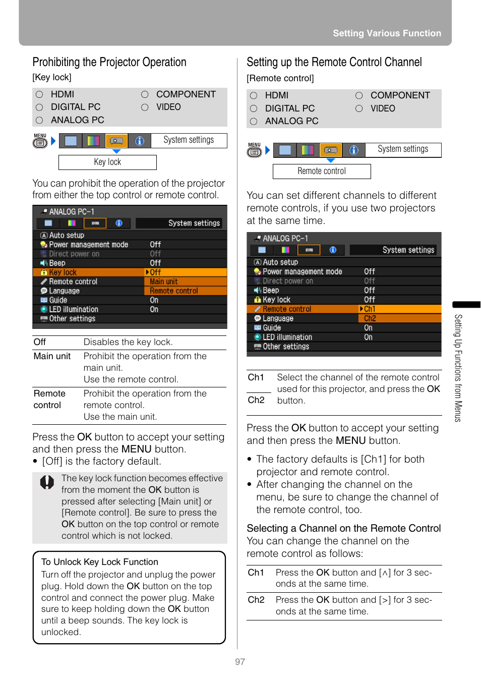 Prohibiting the projector operation, Setting up the remote control channel | Canon REALIS WUX10 MARK II D User Manual | Page 97 / 146