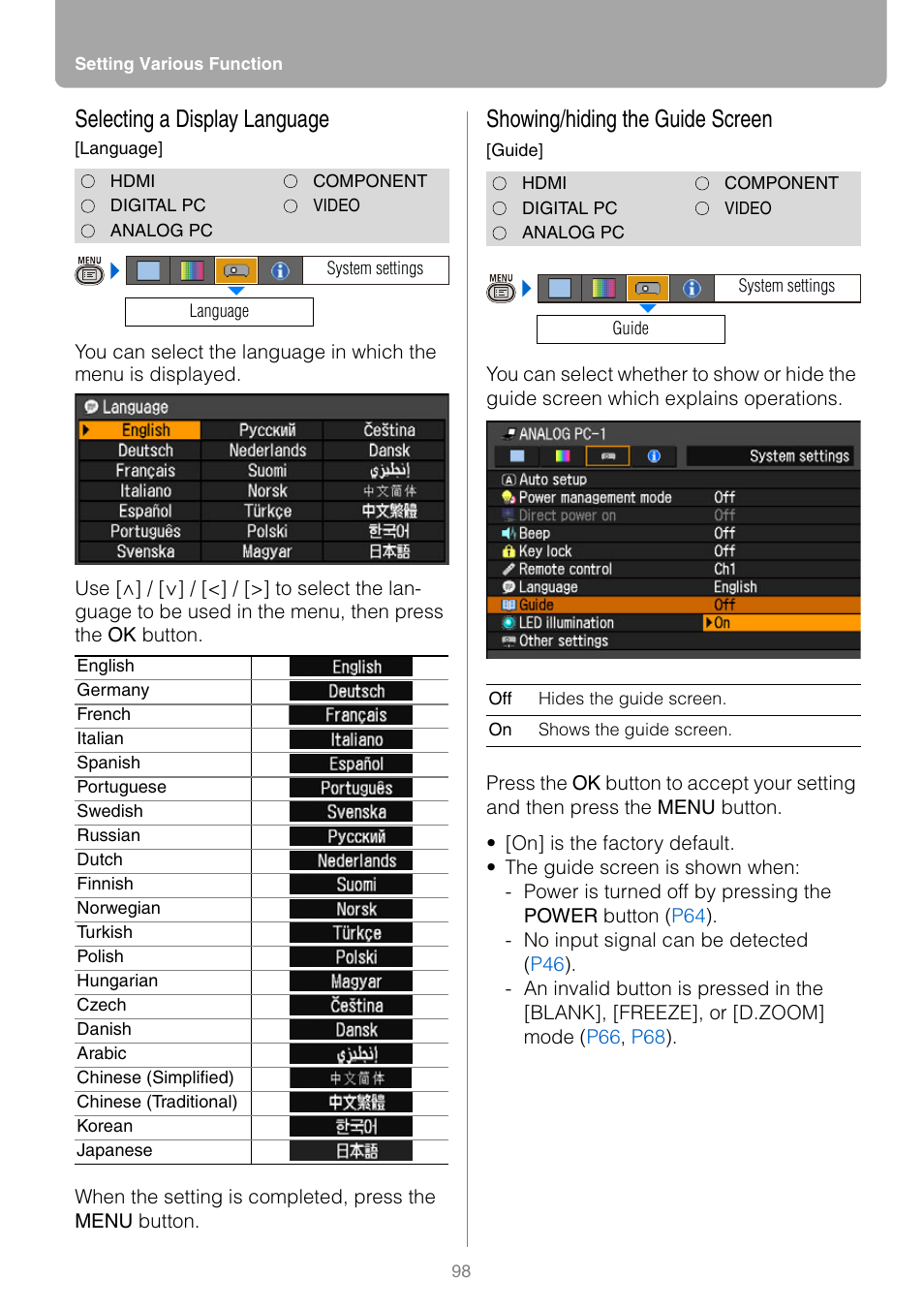 Selecting a display language, Showing/hiding the guide screen | Canon REALIS WUX10 MARK II D User Manual | Page 98 / 146