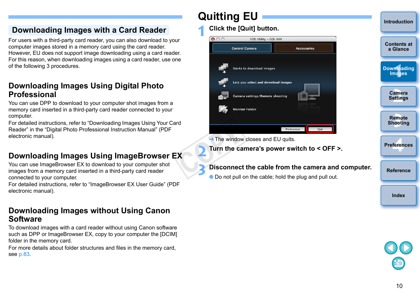 Quitting eu, P.10, Downloading images with a card reader | Downloading images using imagebrowser ex, Downloading images without using canon software, P.10), Cop y | Canon EOS 60DA User Manual | Page 11 / 101