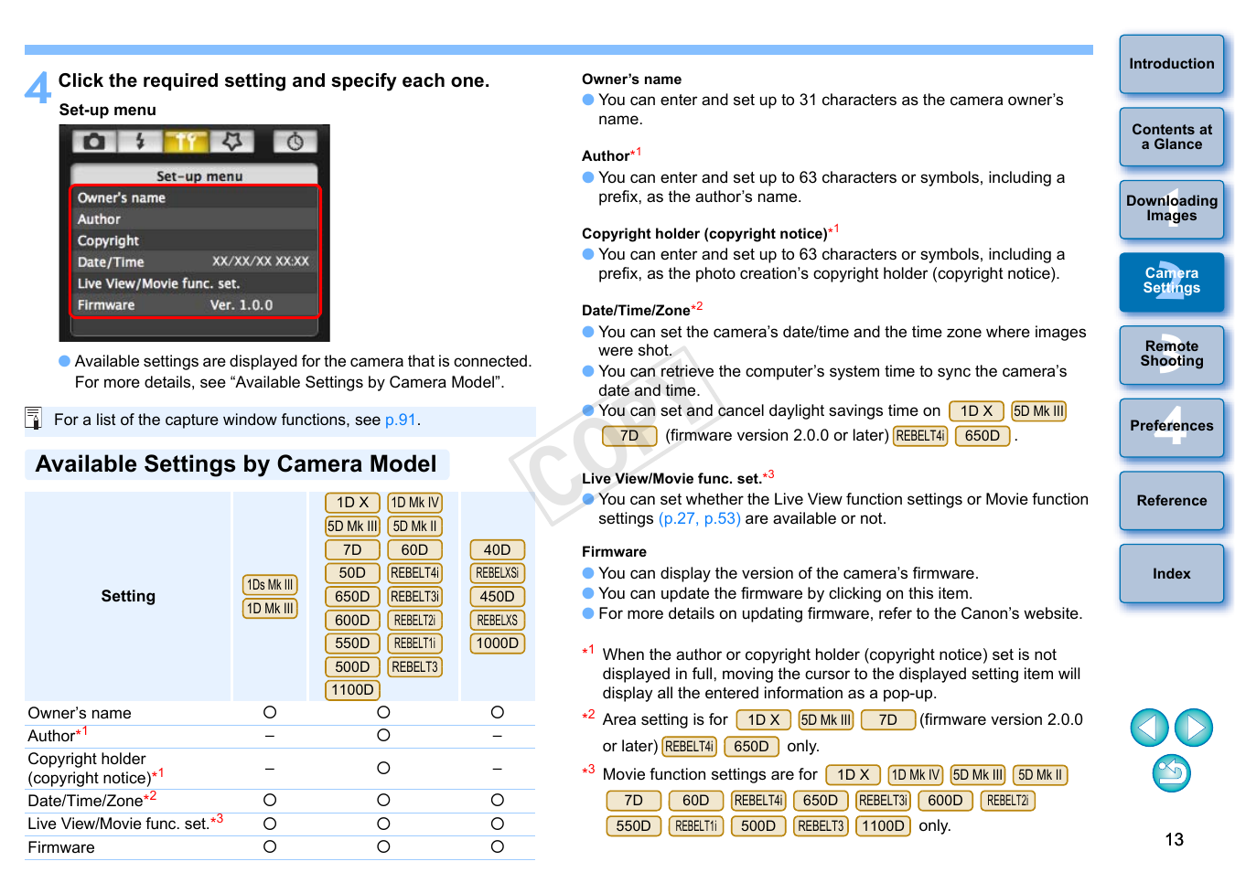 Available settings by camera model, Cop y | Canon EOS 60DA User Manual | Page 14 / 101