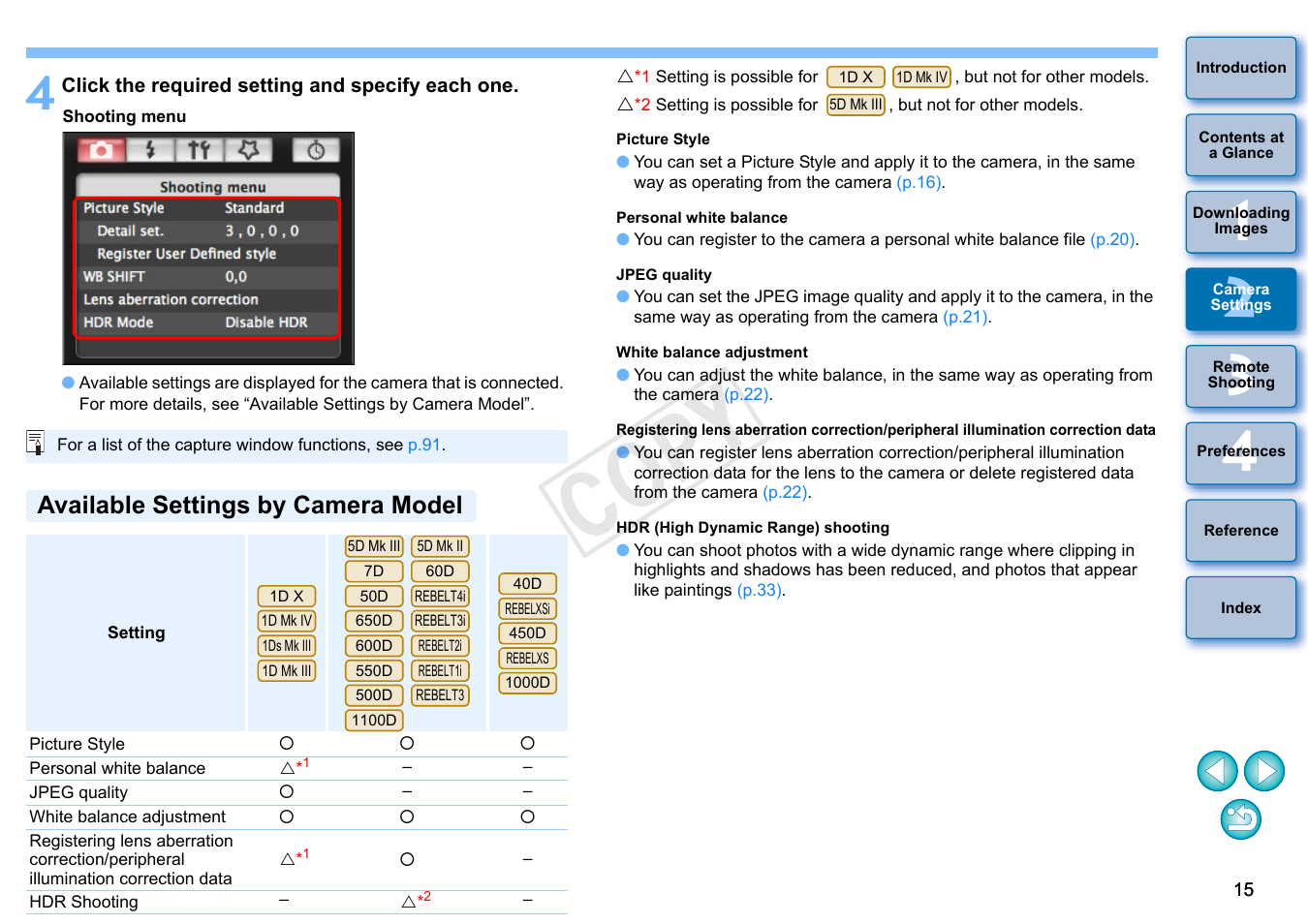 Available settings by camera model, Cop y | Canon EOS 60DA User Manual | Page 16 / 101