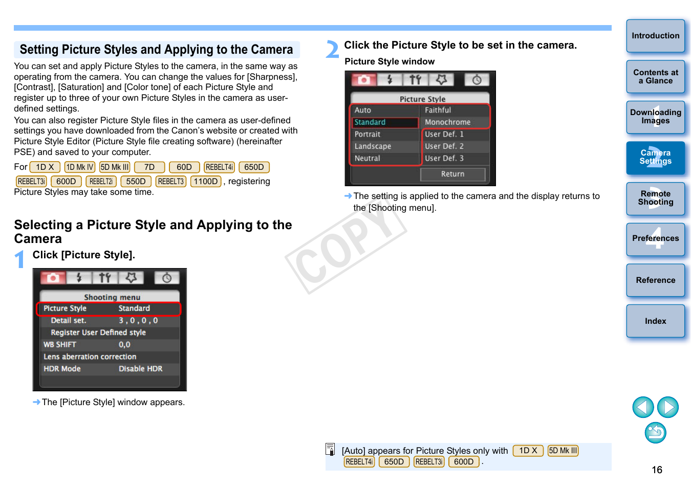 P.16, Setting picture styles and applying to the camera, P.16) | Cop y | Canon EOS 60DA User Manual | Page 17 / 101