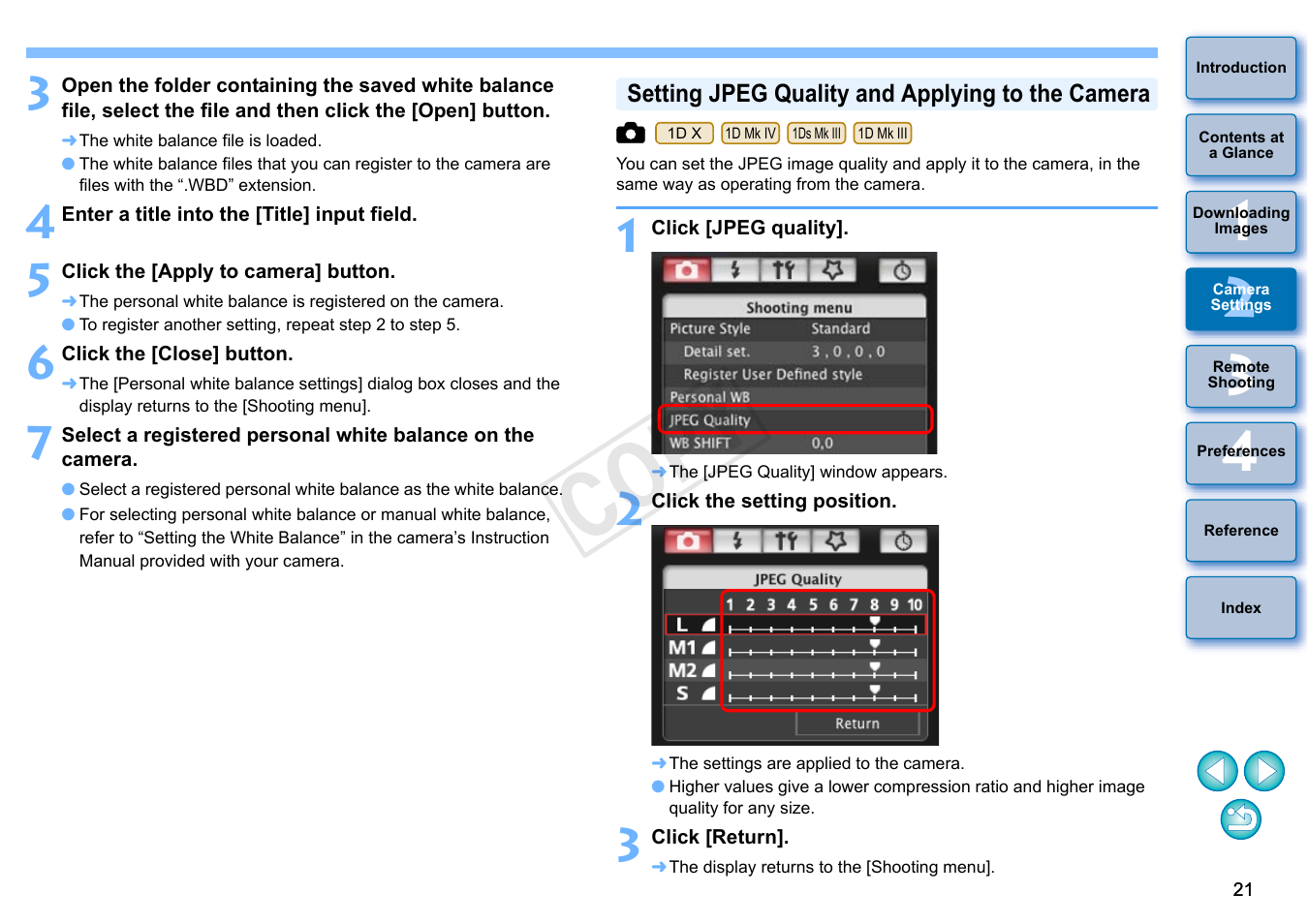 P.21, Setting jpeg quality and applying to the camera, P.21) | Cop y | Canon EOS 60DA User Manual | Page 22 / 101
