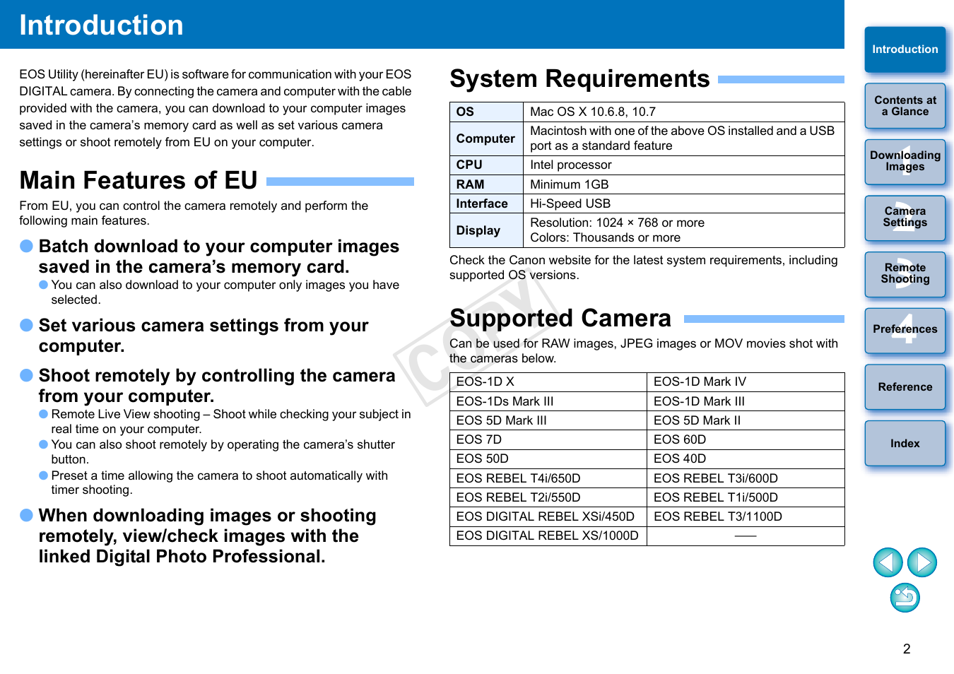 Introduction, Main features of eu, System requirements | Supported camera, Cop y | Canon EOS 60DA User Manual | Page 3 / 101
