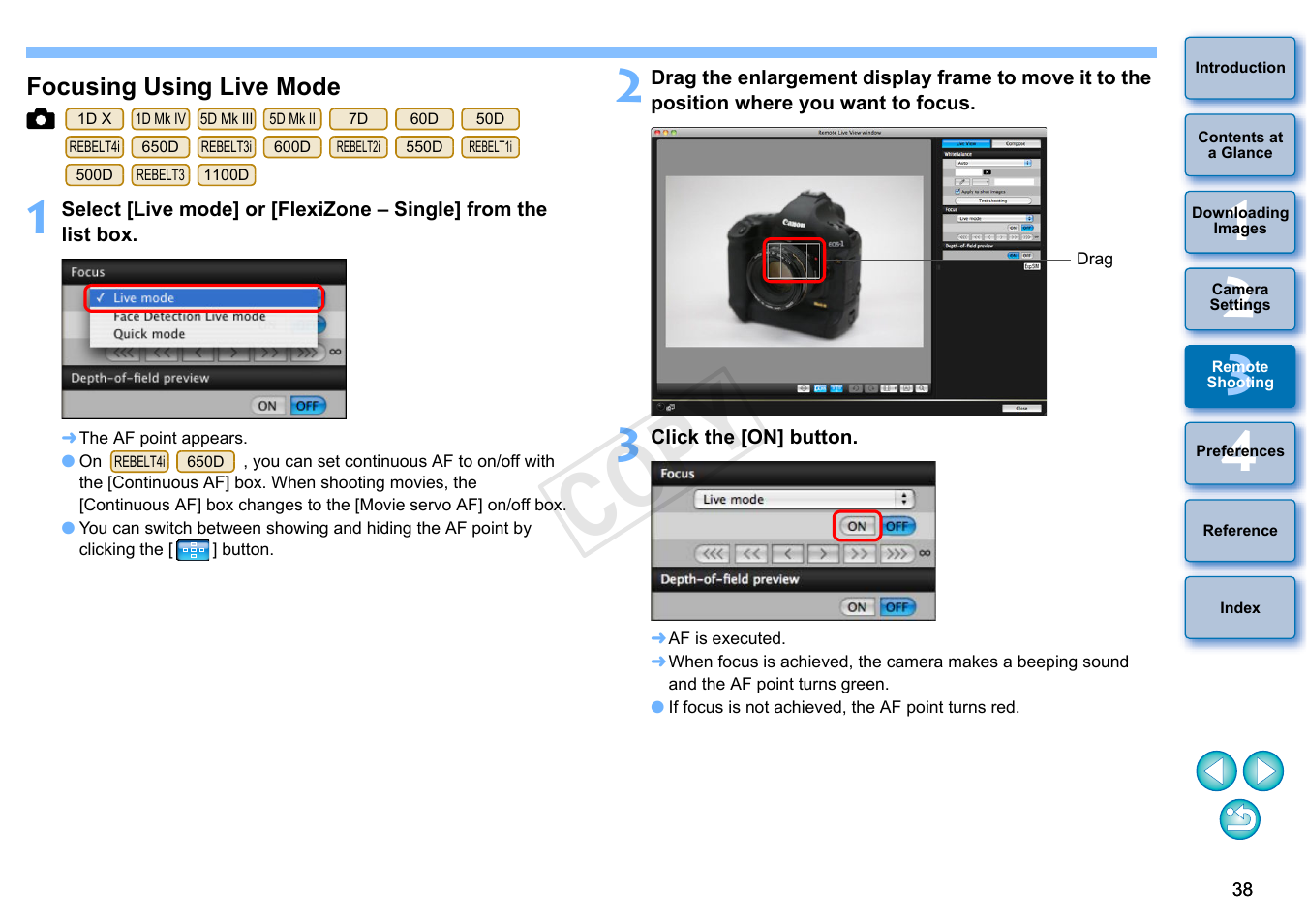 Focusing using live mode, Cop y | Canon EOS 60DA User Manual | Page 39 / 101