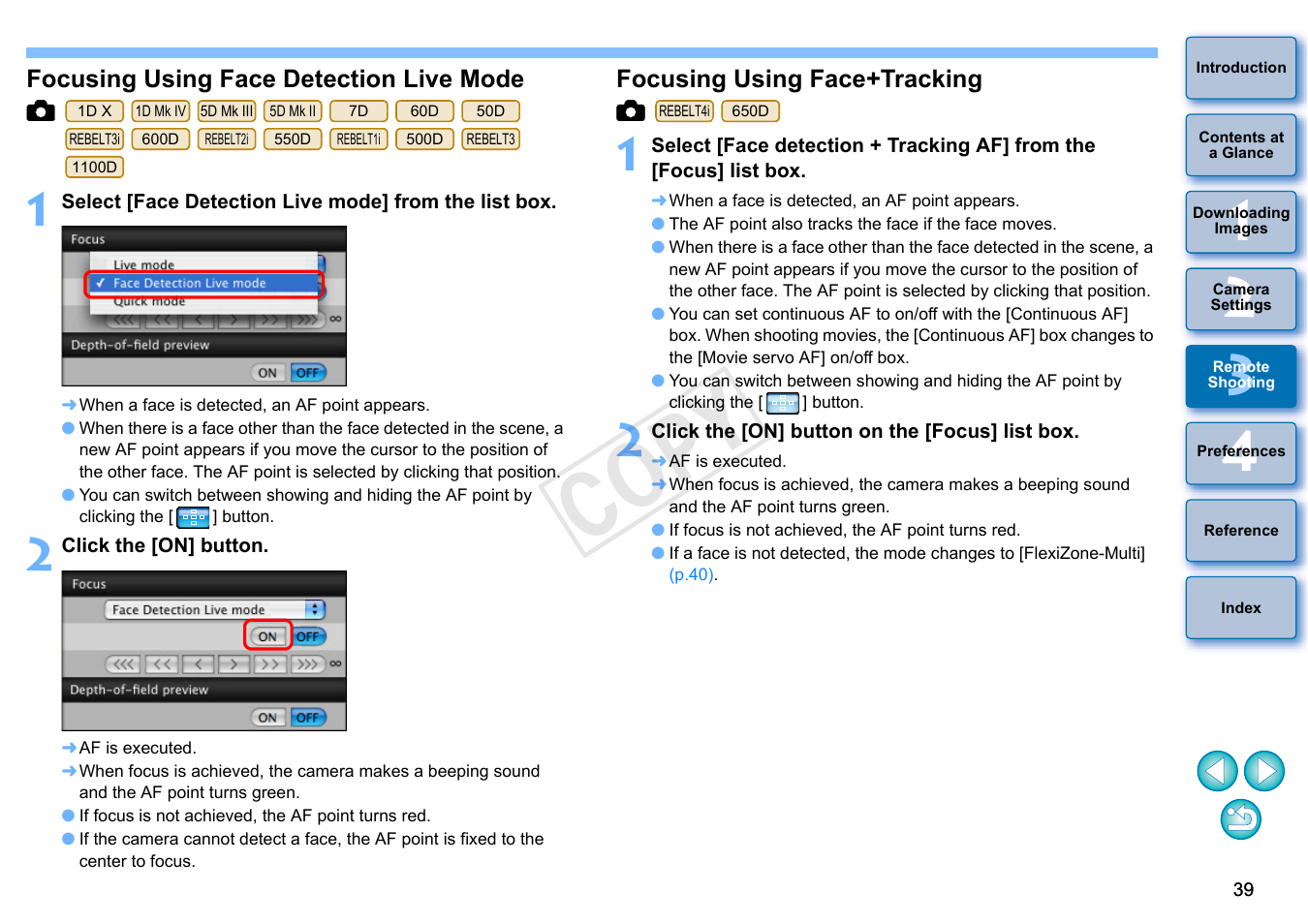 Focusing using face detection live mode, Focusing using face+tracking, Cop y | Canon EOS 60DA User Manual | Page 40 / 101