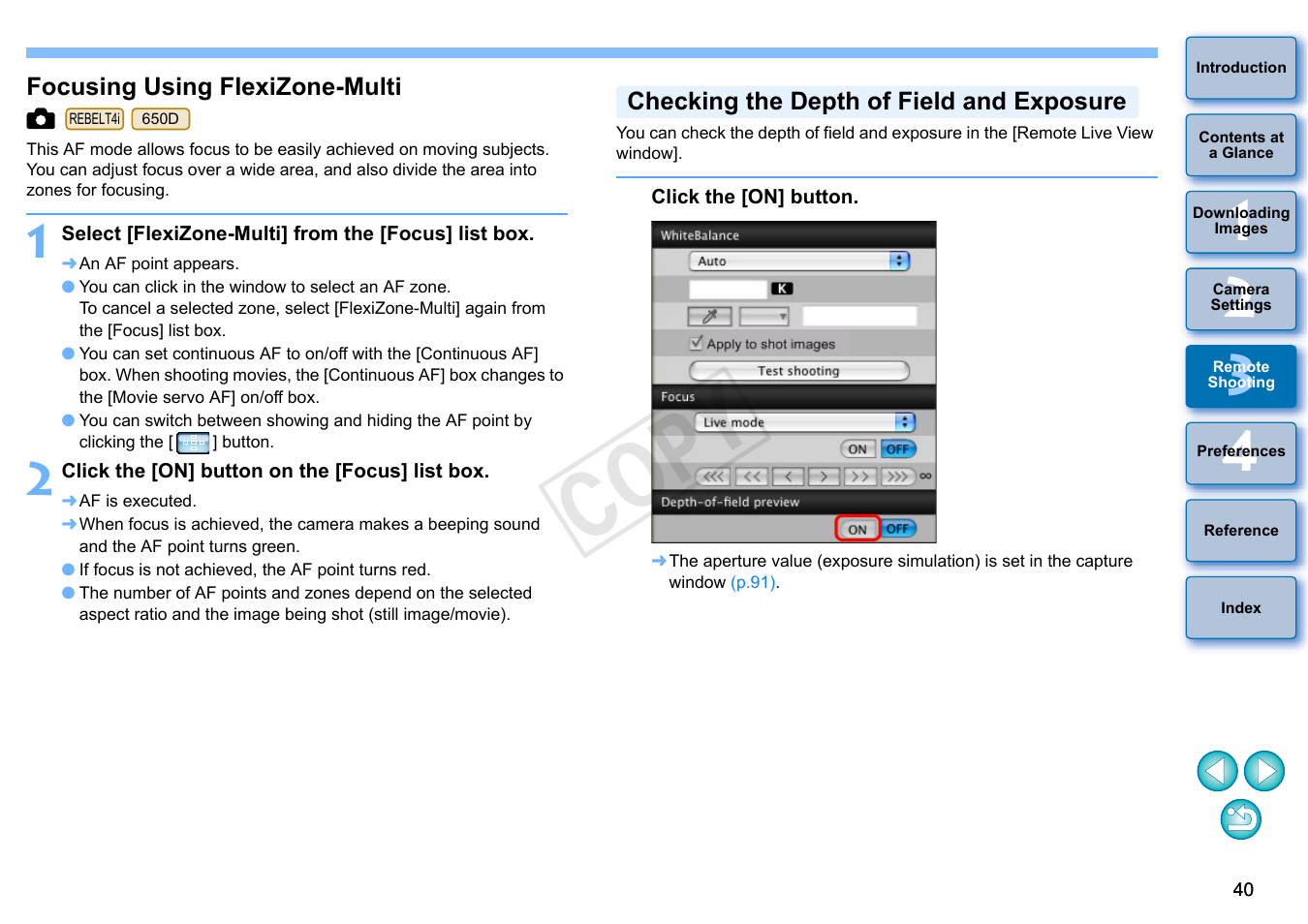 Focusing using flexizone-multi, Checking the depth of field and exposure, P.40) | Cop y | Canon EOS 60DA User Manual | Page 41 / 101