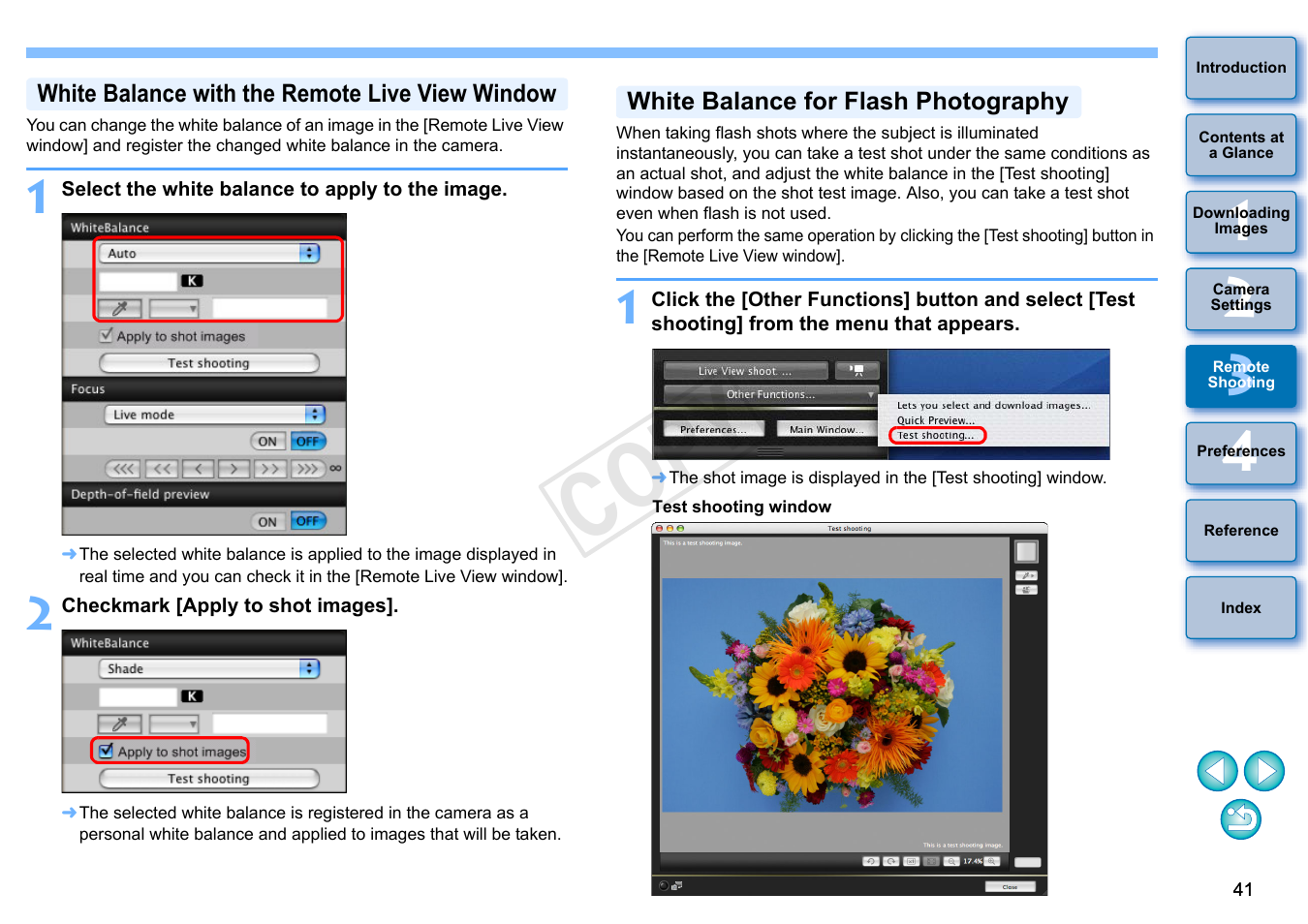 White balance with the remote live view window, White balance for flash photography, P.41) | Cop y | Canon EOS 60DA User Manual | Page 42 / 101
