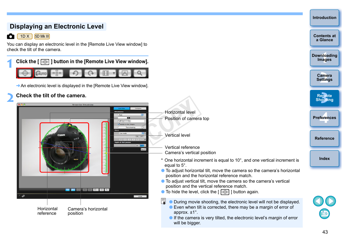 P.43, Displaying an electronic level, Cop y | Canon EOS 60DA User Manual | Page 44 / 101