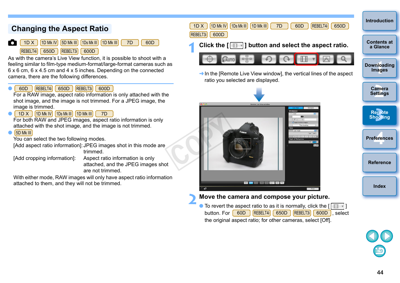 P.44, Changing the aspect ratio, Cop y | Canon EOS 60DA User Manual | Page 45 / 101