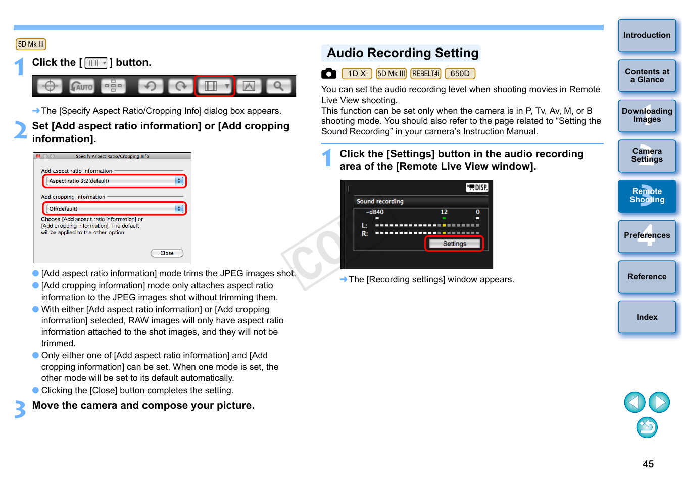 Audio recording setting, Cop y | Canon EOS 60DA User Manual | Page 46 / 101