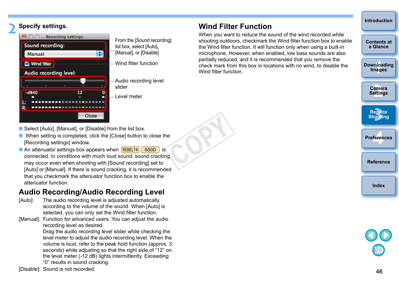 Audio recording/audio recording level, Wind filter function, Cop y | Canon EOS 60DA User Manual | Page 47 / 101