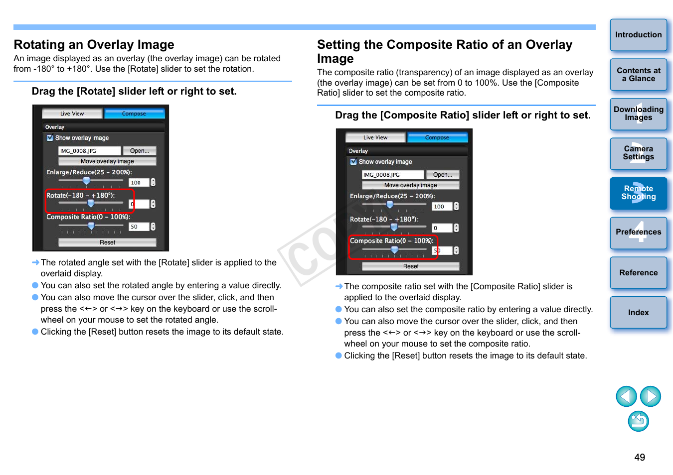 Rotating an overlay image, Setting the composite ratio of an overlay image, P.49) | Cop y | Canon EOS 60DA User Manual | Page 50 / 101