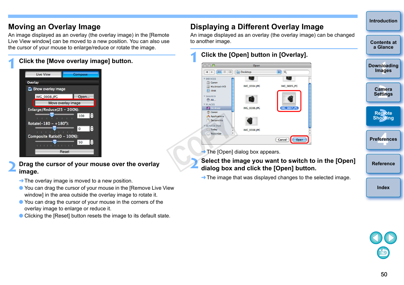 Moving an overlay image, Displaying a different overlay image, Cop y | Canon EOS 60DA User Manual | Page 51 / 101