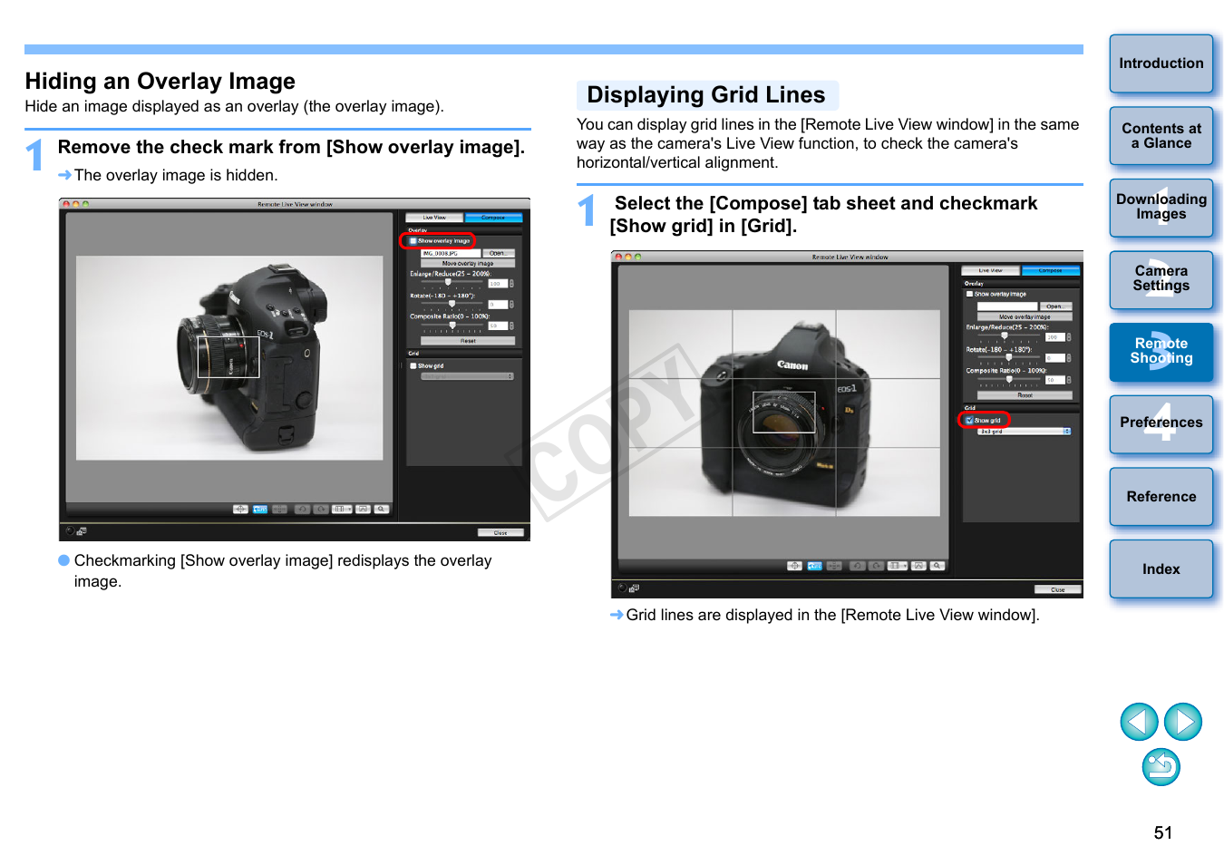 Hiding an overlay image, Displaying grid lines, Cop y | Canon EOS 60DA User Manual | Page 52 / 101