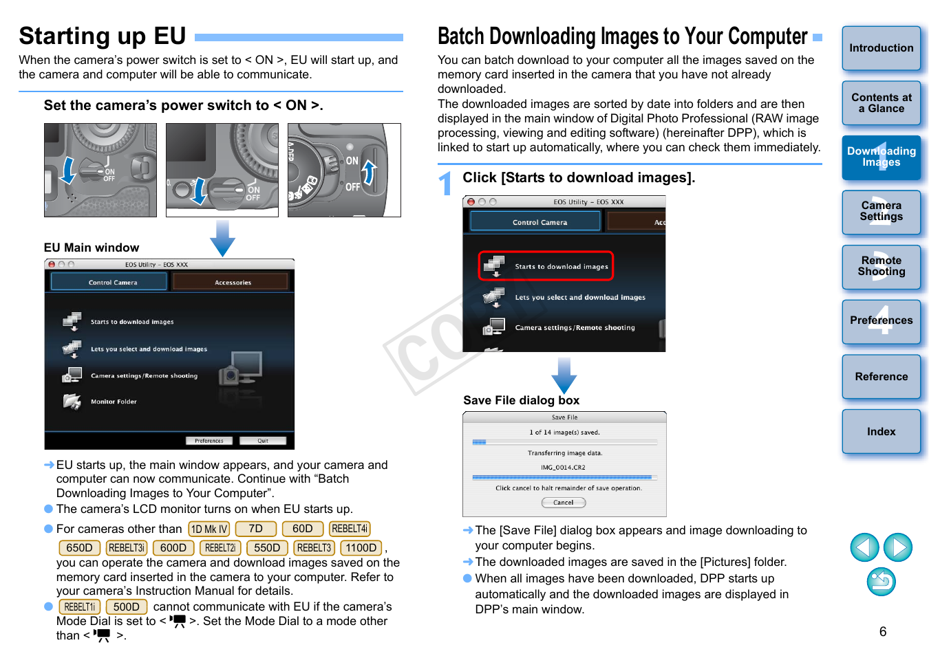 Starting up eu, Batch downloading images to your computer, Cop y | Canon EOS 60DA User Manual | Page 7 / 101