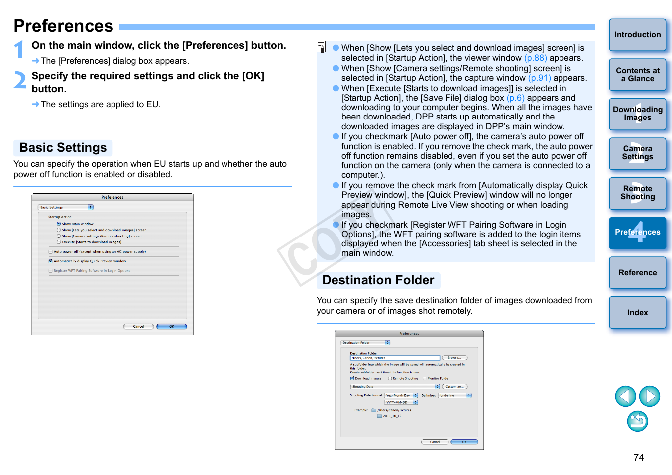 Preferences, P.74, Basic settings | Destination folder, Cop y | Canon EOS 60DA User Manual | Page 75 / 101