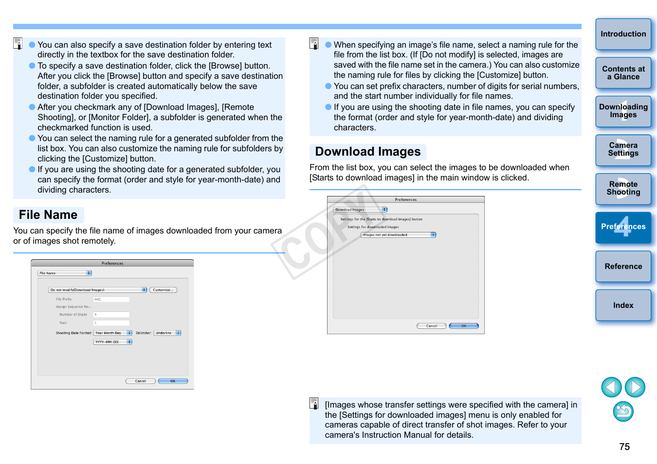 P.75, File name, Download images | Cop y | Canon EOS 60DA User Manual | Page 76 / 101