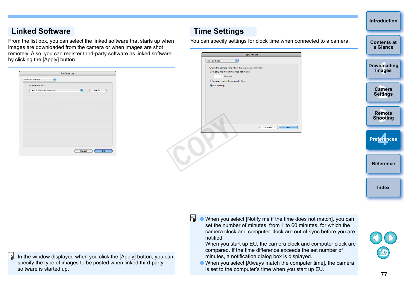 P.77), Linked software, Time settings | Cop y | Canon EOS 60DA User Manual | Page 78 / 101