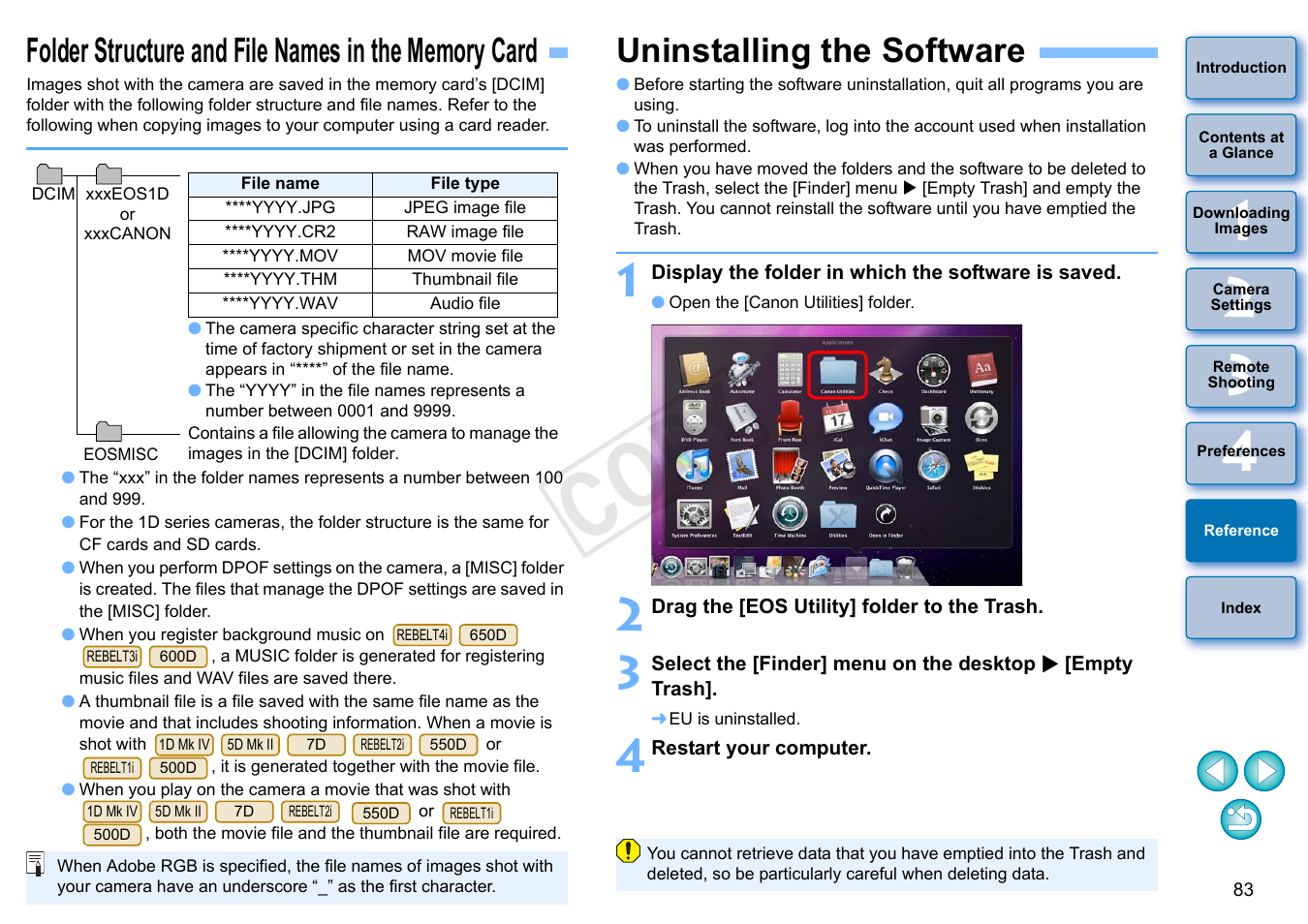 Folder structure and file names in the memory card, Uninstalling the software, P.83 | Cop y | Canon EOS 60DA User Manual | Page 84 / 101