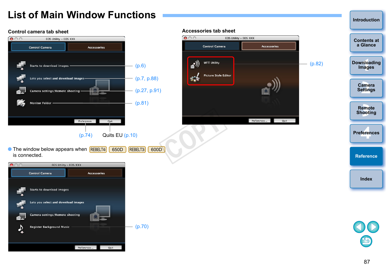 List of main window functions, Cop y | Canon EOS 60DA User Manual | Page 88 / 101