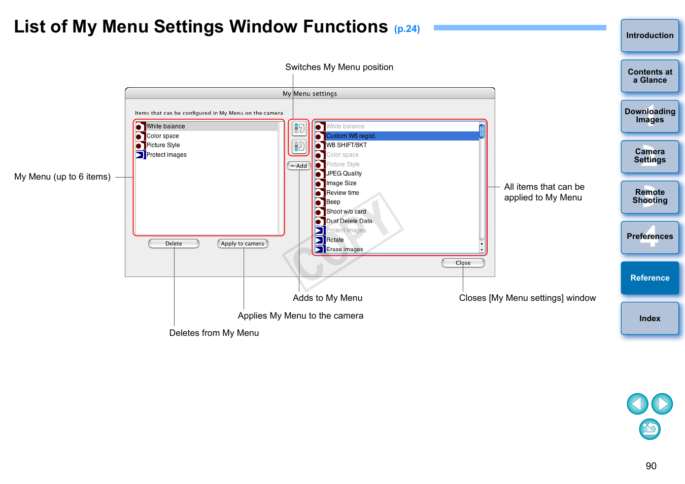 List of my menu settings window functions, P.90, Cop y | Canon EOS 60DA User Manual | Page 91 / 101