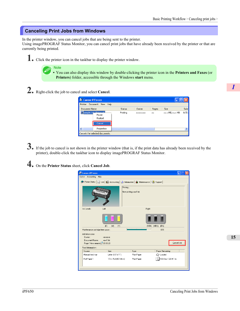 Canceling print jobs from windows | Canon imagePROGRAF iPF650 User Manual | Page 31 / 878