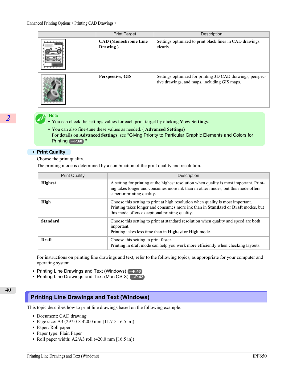 Printing line drawings and text (windows), P.40 | Canon imagePROGRAF iPF650 User Manual | Page 56 / 878