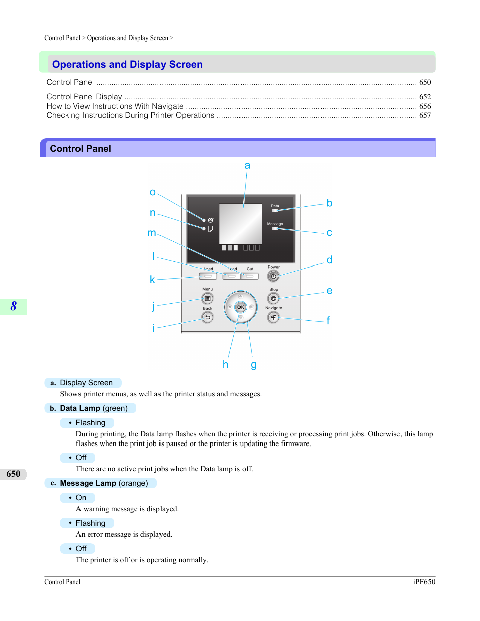 Operations and display screen, Control panel, P.650 | Canon imagePROGRAF iPF650 User Manual | Page 666 / 878