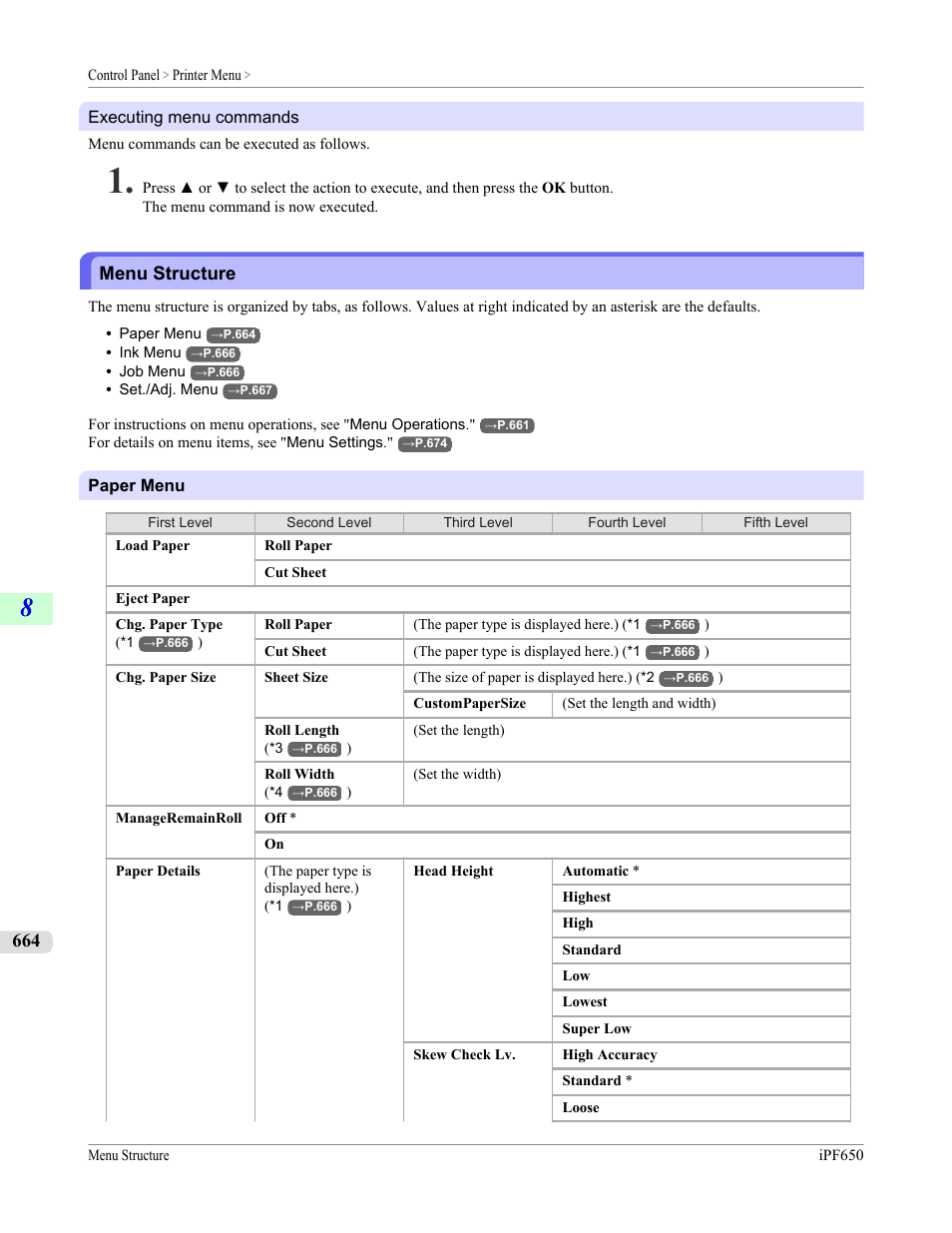 Menu structure, Executing menu commands, P.664 | Canon imagePROGRAF iPF650 User Manual | Page 680 / 878