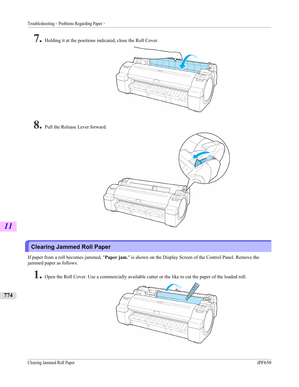 Clearing jammed roll paper | Canon imagePROGRAF iPF650 User Manual | Page 790 / 878