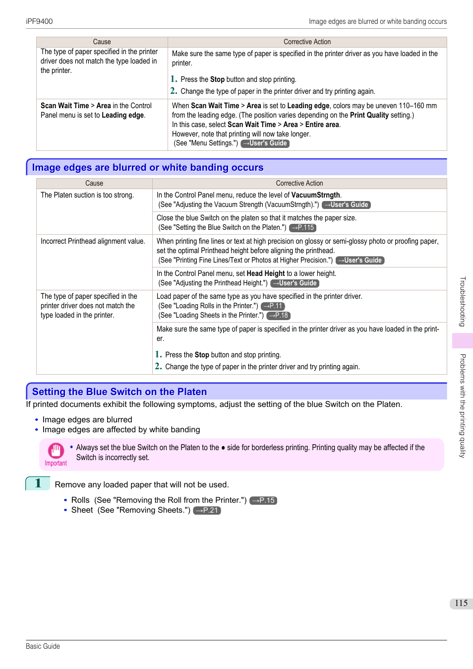 Image edges are blurred or white banding occurs, Setting the blue switch on the platen, See "setting the blue switch on the platen.") | P.115 | Canon imagePROGRAF iPF9400 User Manual | Page 115 / 154