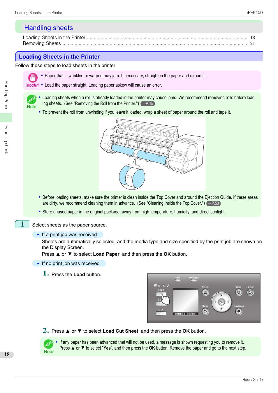 Handling sheets, Loading sheets in the printer | Canon imagePROGRAF iPF9400 User Manual | Page 18 / 154