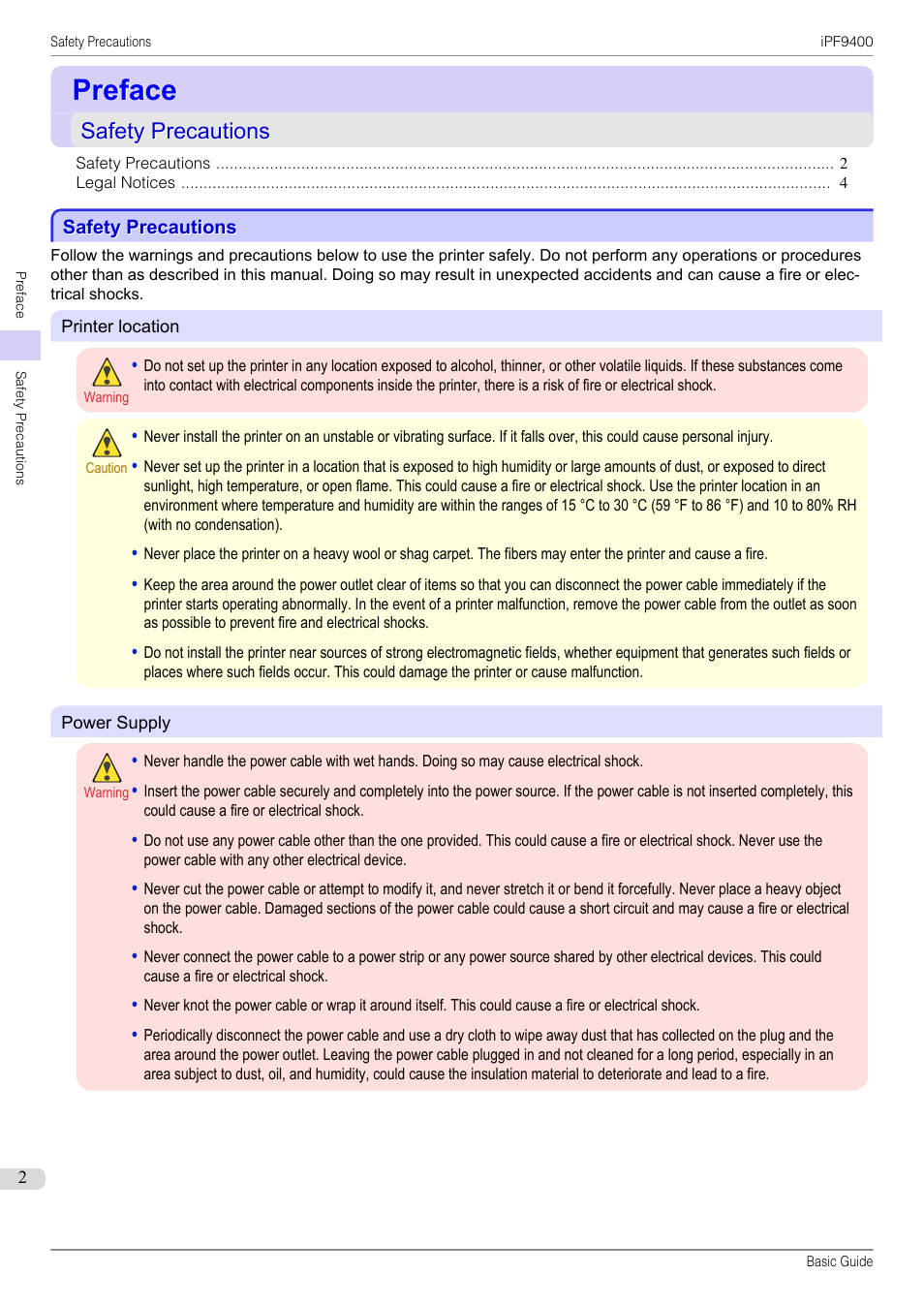 Preface, Safety precautions | Canon imagePROGRAF iPF9400 User Manual | Page 2 / 154