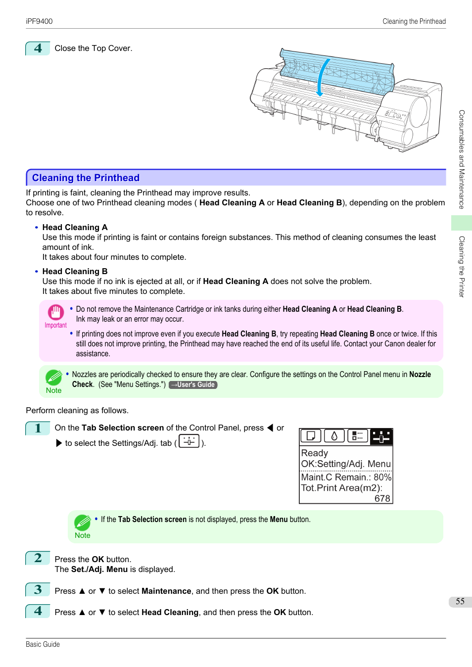 Cleaning the printhead | Canon imagePROGRAF iPF9400 User Manual | Page 55 / 154