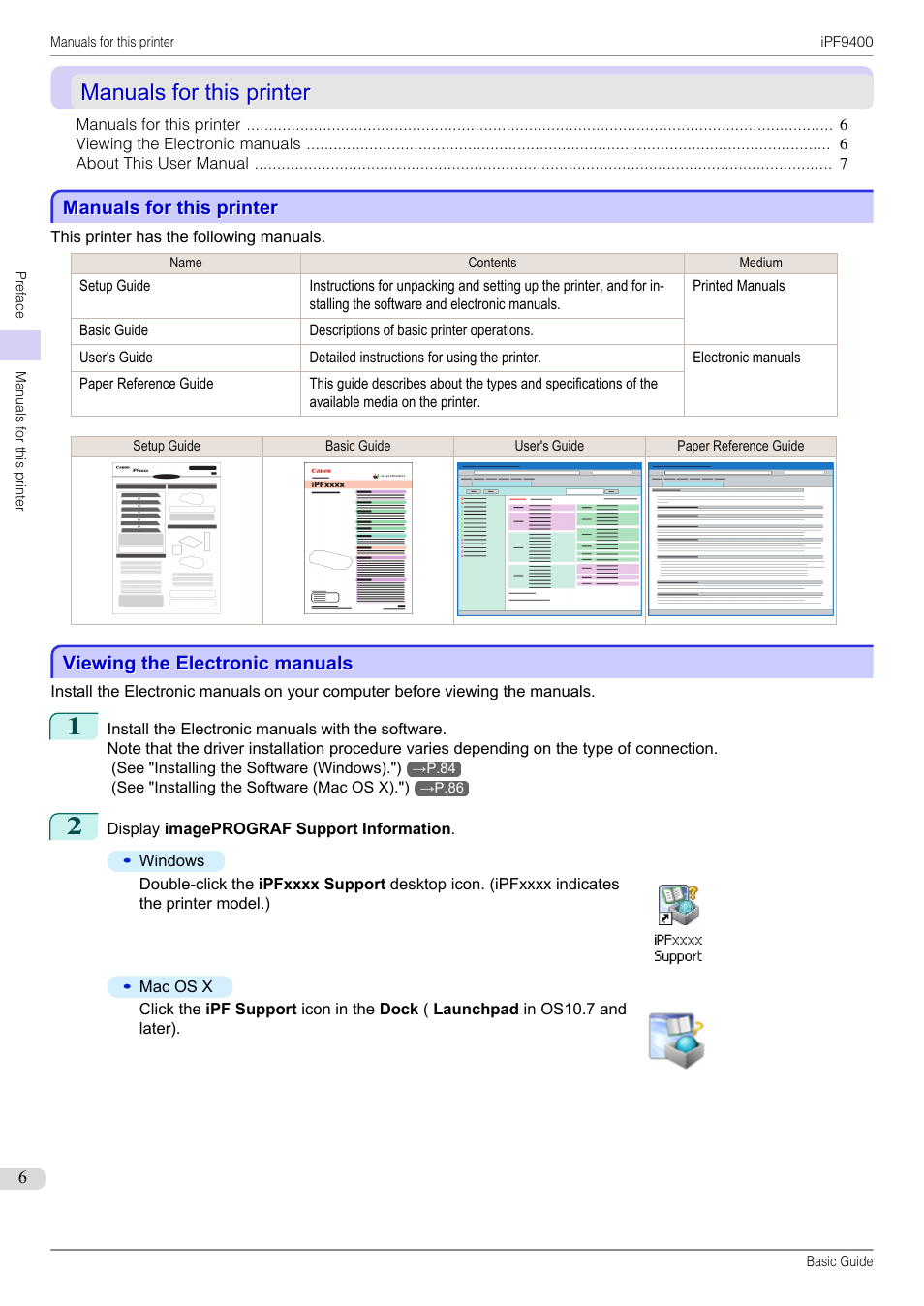 Manuals for this printer, Viewing the electronic manuals | Canon imagePROGRAF iPF9400 User Manual | Page 6 / 154