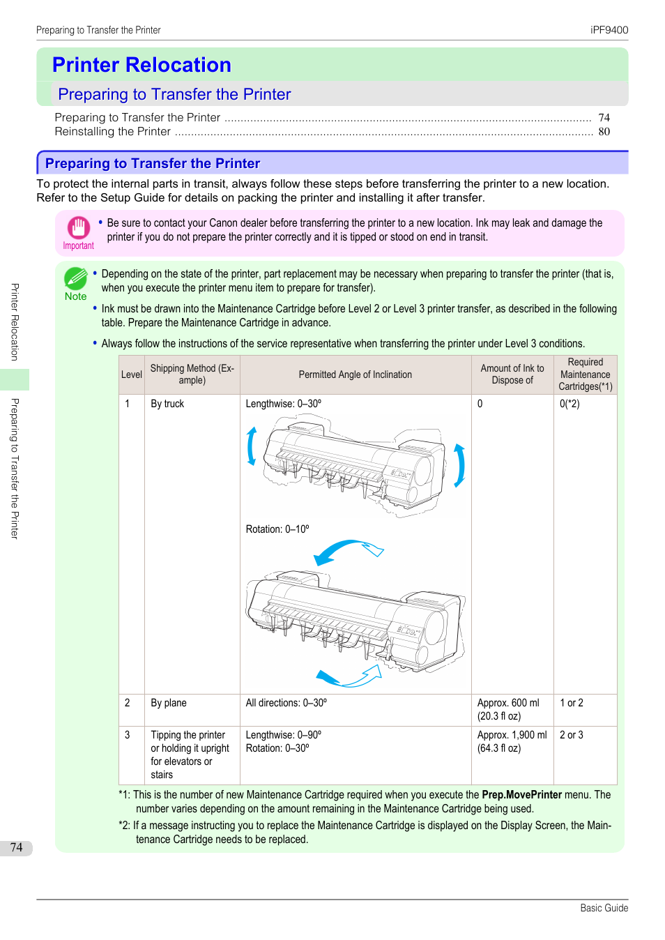 Printer relocation, Preparing to transfer the printer | Canon imagePROGRAF iPF9400 User Manual | Page 74 / 154