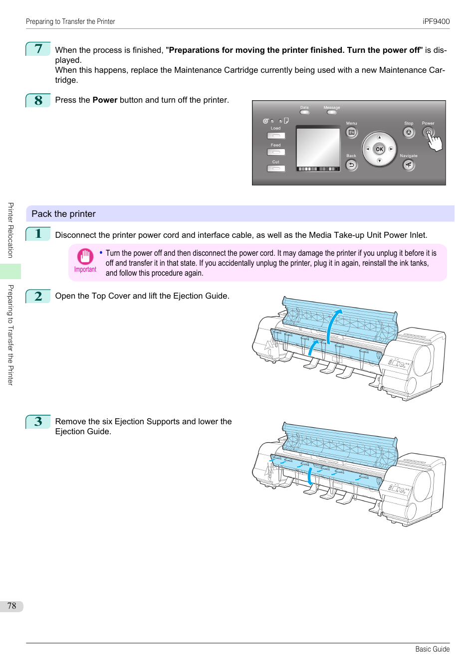 See "pack the printer."), P.78 | Canon imagePROGRAF iPF9400 User Manual | Page 78 / 154