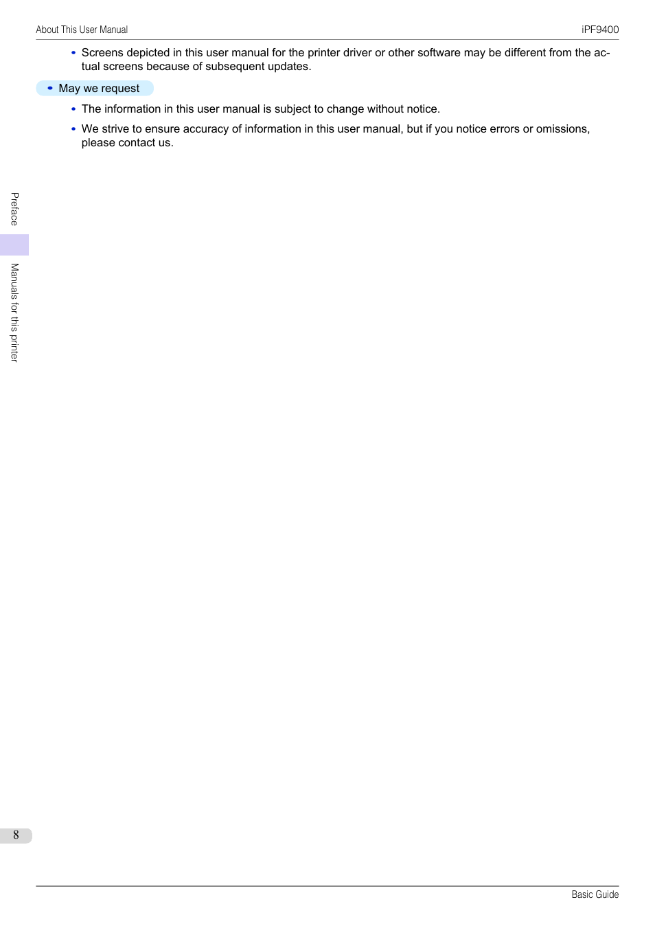 Canon imagePROGRAF iPF9400 User Manual | Page 8 / 154