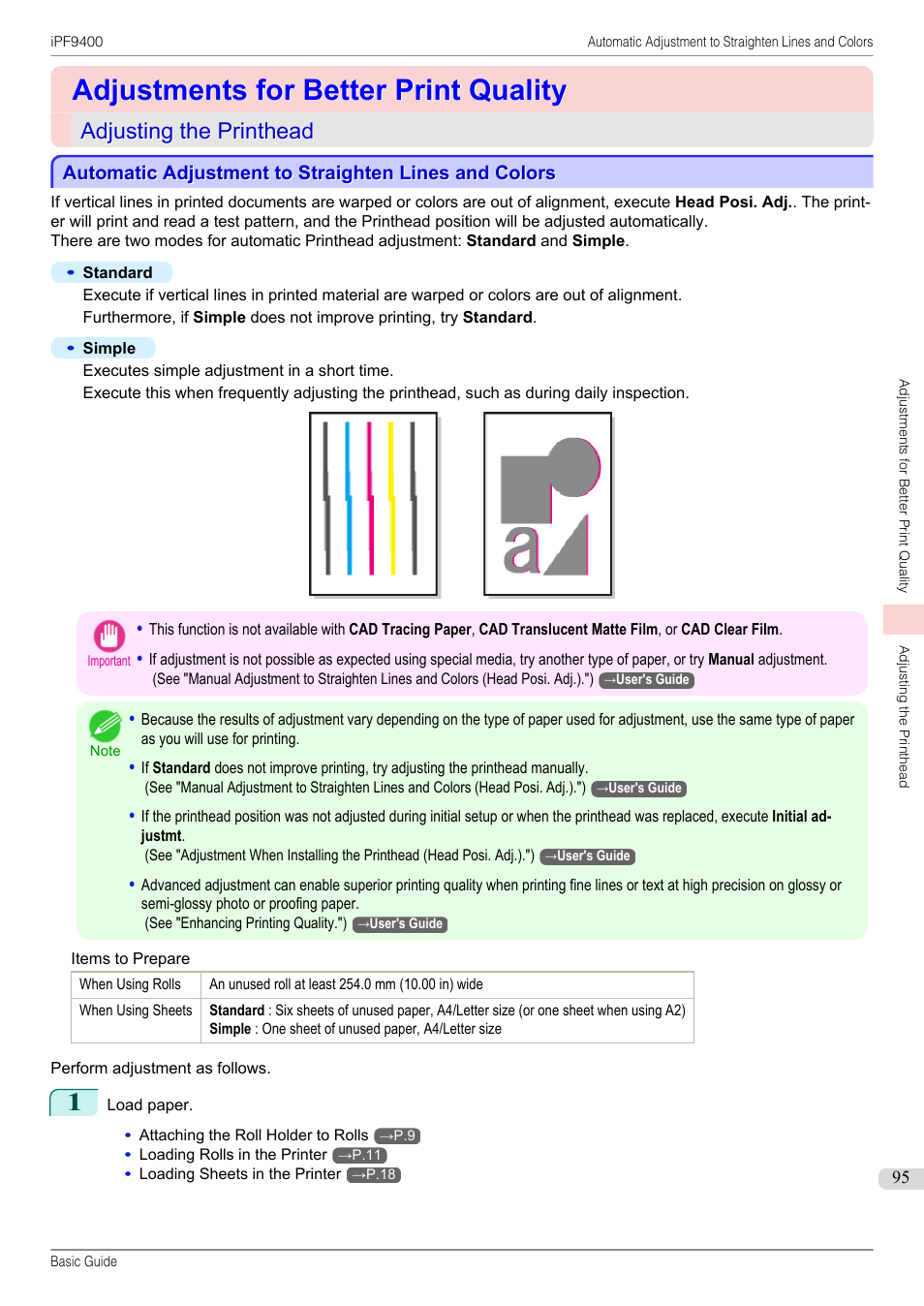 Adjustments for better print quality, Adjusting the printhead | Canon imagePROGRAF iPF9400 User Manual | Page 95 / 154