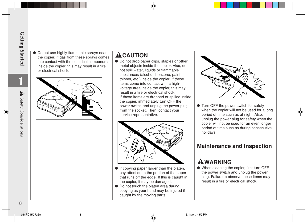 Caution, Maintenance and inspection warning | Canon PC170 User Manual | Page 10 / 60