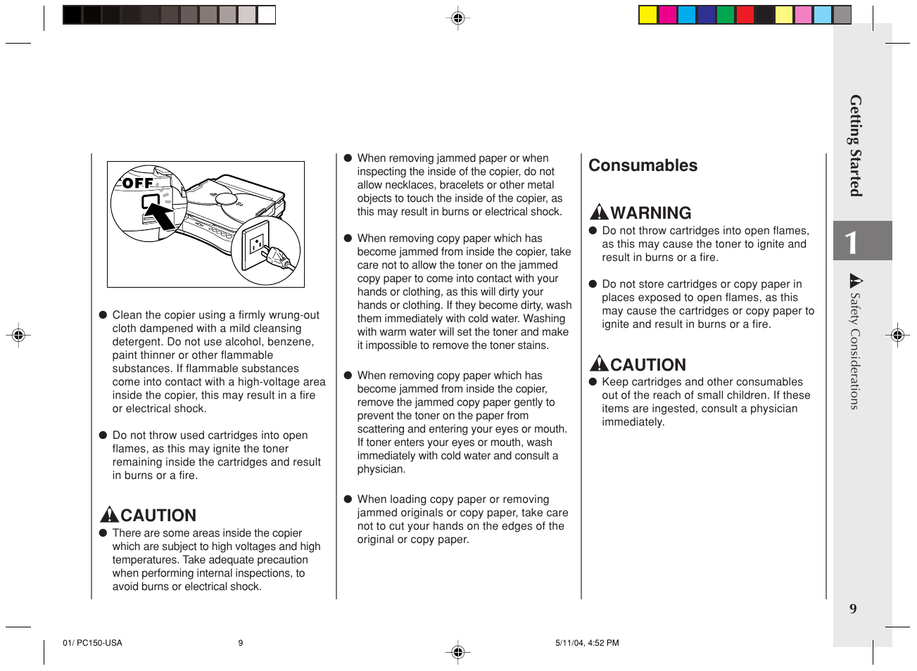 Caution, Consumables warning | Canon PC170 User Manual | Page 11 / 60