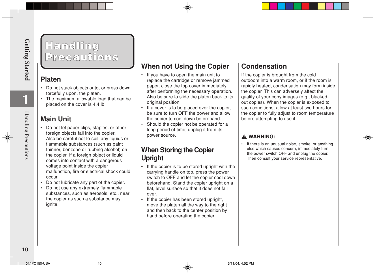 Handling handling precautions precautions | Canon PC170 User Manual | Page 12 / 60